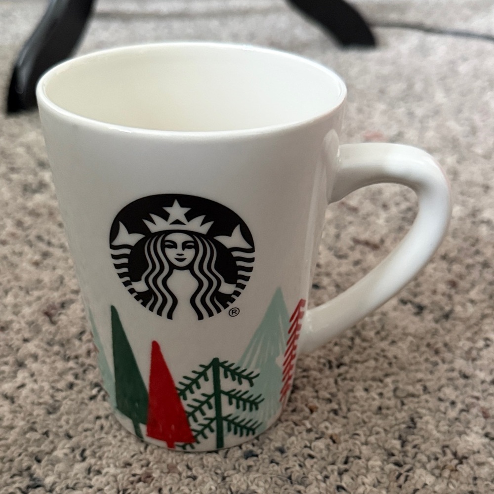 Starbucks Off White Ceramic Mug Green & Red Tree Graphics 14oz Christmas Holiday
